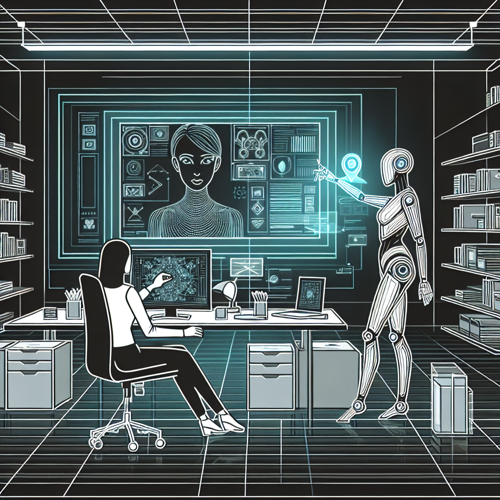 A futuristic office scene where an advanced AI is assisting a graphic designer with proofreading a detailed design layout on a large digital screen. The AI appears as a holographic advisor, highlighting errors and suggesting improvements in real-time. The room is filled with modern design tools, vibrant colors, and sleek technology.