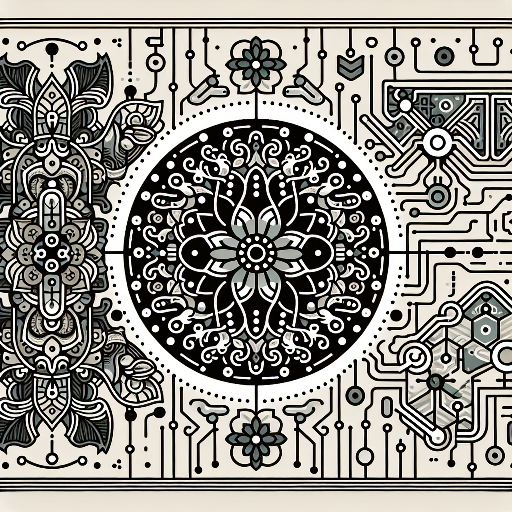 A beautiful fusion of traditional Indonesian design and modern artificial intelligence, featuring intricate batik patterns and advanced technology elements, showcasing harmony between heritage and innovation.