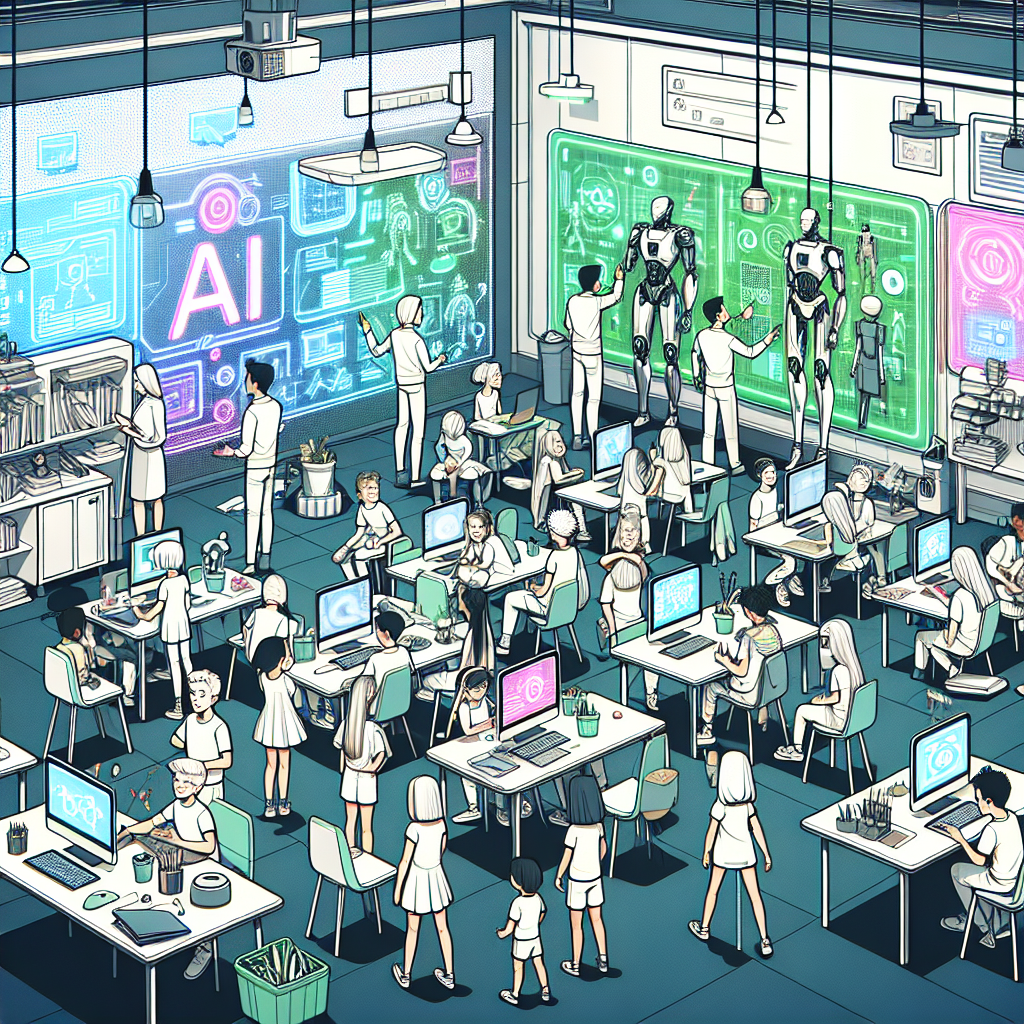 An imaginative classroom scene where students and a teacher are using a futuristic AI-driven tool to create educational animations. The classroom is vibrant, filled with colorful technology, holographic displays, and students interacting with animated characters for learning purposes. The mood is innovative and collaborative, highlighting the efficiency and creativity brought by AI to educational settings.