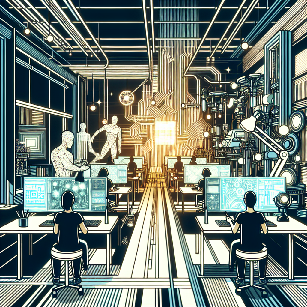 "AI Animation: The Future of the Creative Industry, futuristic animation studio, futuristic equipment, creative artists working with AI technology, blending traditional art with digital innovation, vibrant colors, futuristic aesthetic."