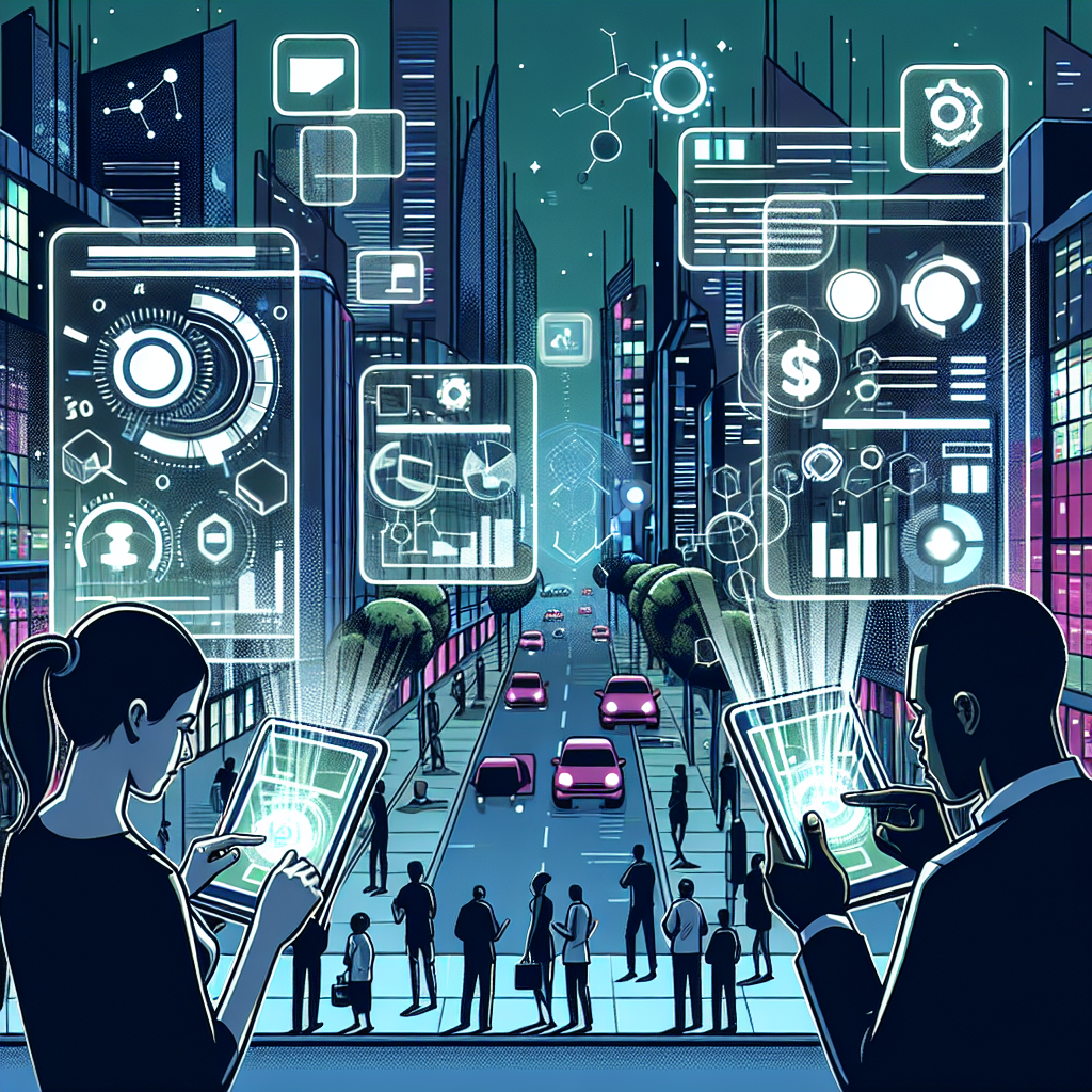 A futuristic scene in a bright, modern cityscape, featuring a diverse group of people using advanced AI technology on their devices to manage personal finances. Include digital holograms of financial data and charts hovering around them, highlighting concepts like budgeting, savings, and investments with a sleek, user-friendly interface.