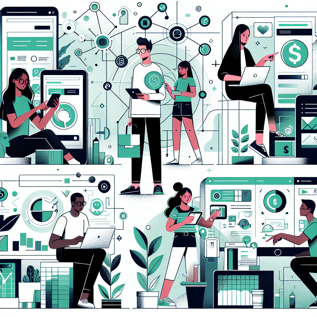 An illustration of a diverse group of people using various financial technology tools to manage their personal finances, such as mobile banking apps, digital investment platforms, and budgeting software. The scene is set in a modern, digital world with futuristic elements, showcasing the integration of technology with everyday life. The overall atmosphere is vibrant and optimistic, highlighting the ease and accessibility of digital financial solutions.