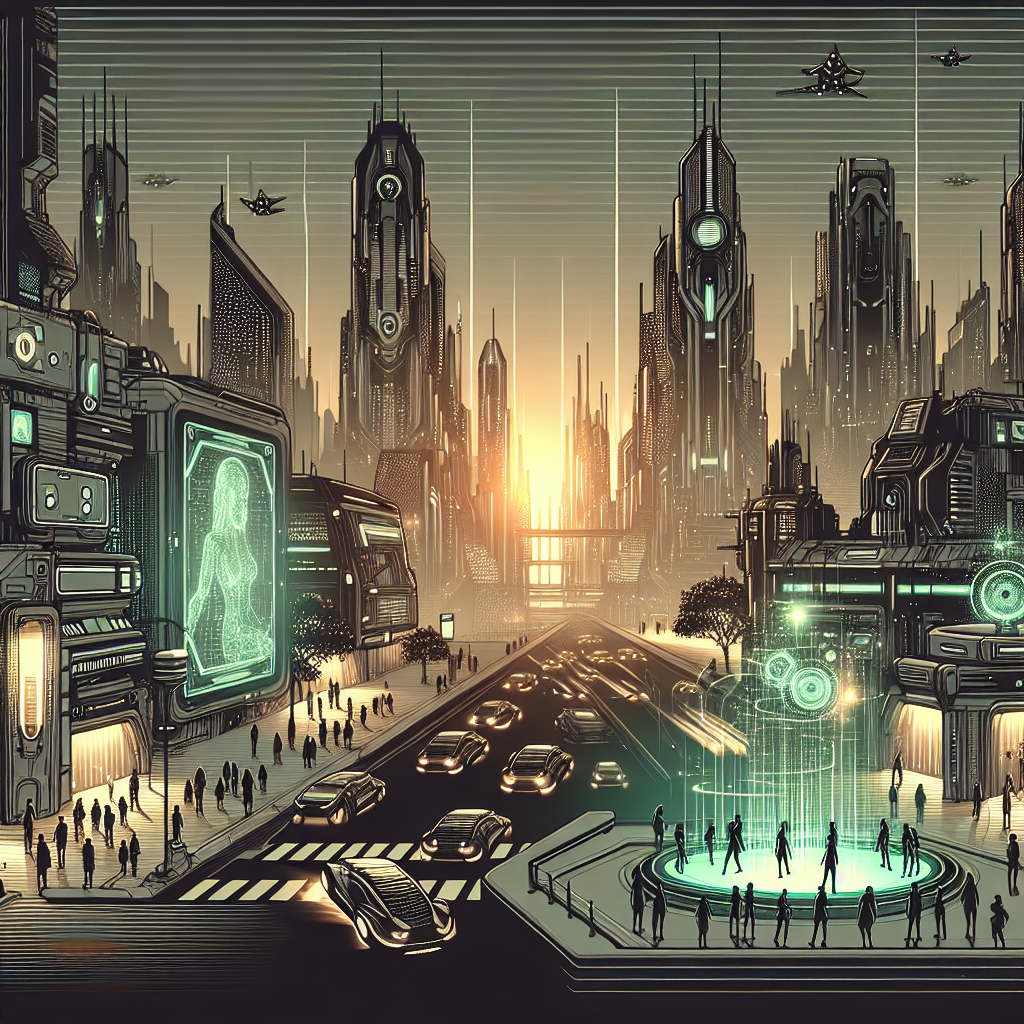 A cinematic scene with dramatic lighting, featuring an elaborately designed futuristic cityscape at twilight. The city is bustling with sleek, futuristic vehicles and towering skyscrapers. In the foreground, a group of diverse characters equipped with advanced technology devices, interacting with holographic displays. The atmosphere is enhanced by a blend of warm and cool tones, creating a visually stunning and immersive environment that highlights advanced AI technology.