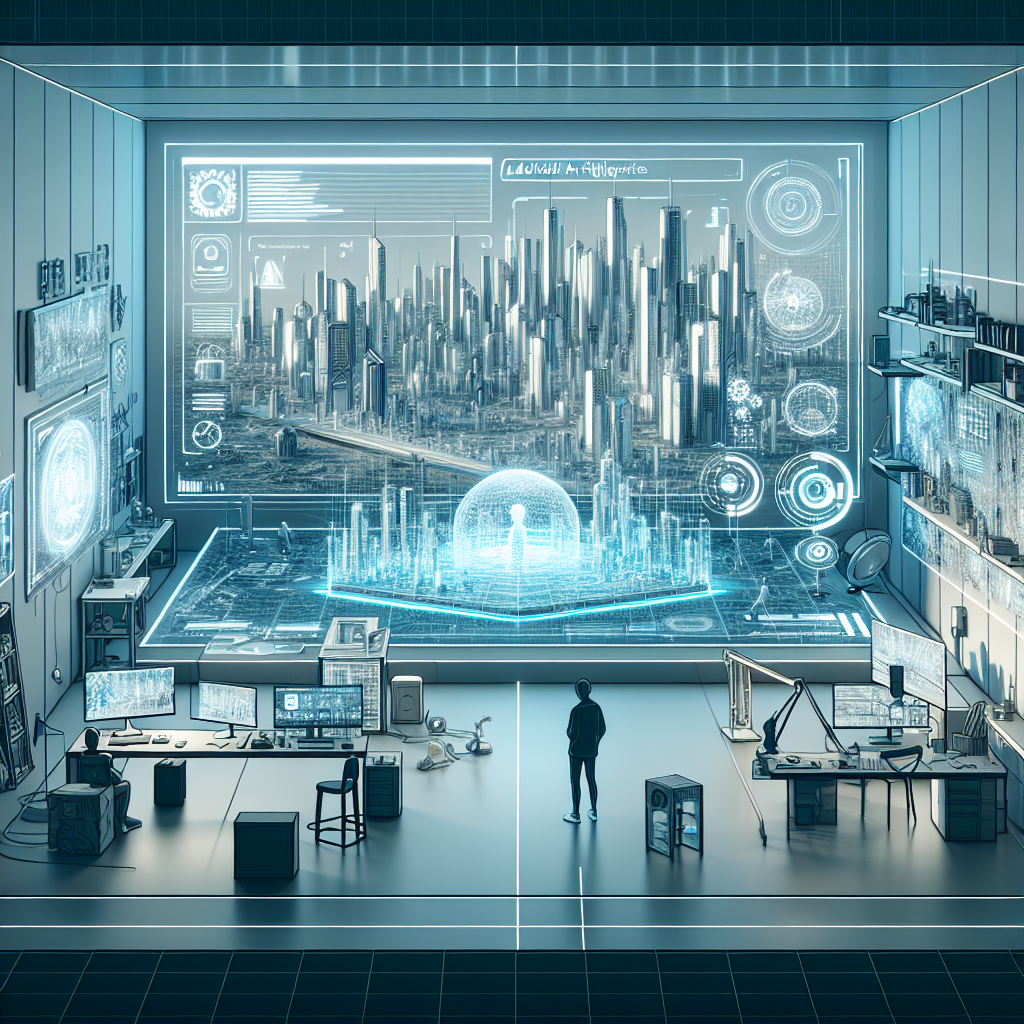 A futuristic artist's studio filled with advanced AI technology creating a realistic 3D visualization of an imaginative city skyline, with holographic displays showcasing intricate digital landscapes and architects collaborating with AI-powered tools. The room is bathed in soft blue and white light, giving it a high-tech, modern atmosphere.
