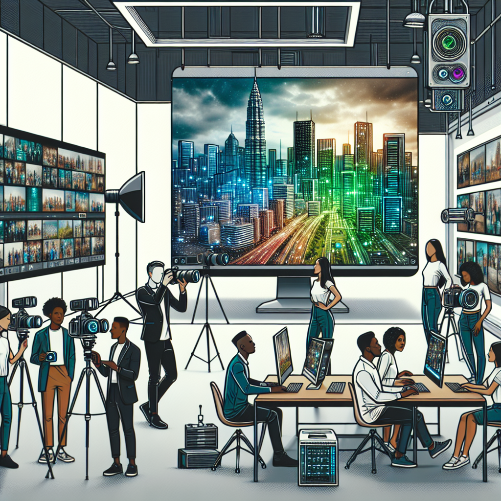 Digital photography and editing enhanced by AI, showcasing a futuristic laptop with advanced AI software, analyzing and editing a vibrant cityscape photo on the screen. A diverse group of photographers, both men and women, are engaged, some capturing images with modern cameras while others observe the digital transformation on the laptop. The setting is a modern studio, with high-tech gadgets and an atmosphere of innovation and creativity.