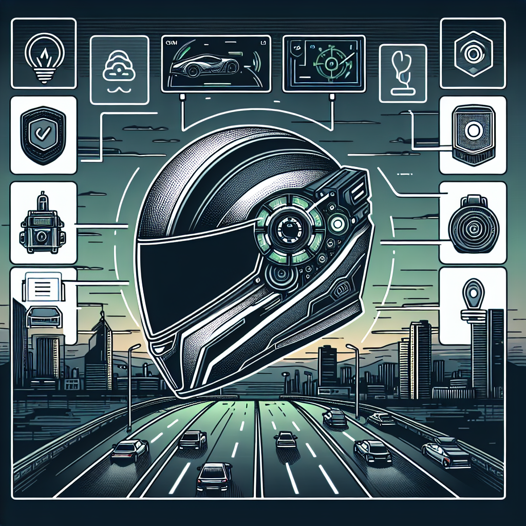 A futuristic smart helmet designed for motorcycle safety, featuring integrated LED lights, digital display with GPS navigation, rear-view cameras, and voice control, set against a cityscape background at dusk.
