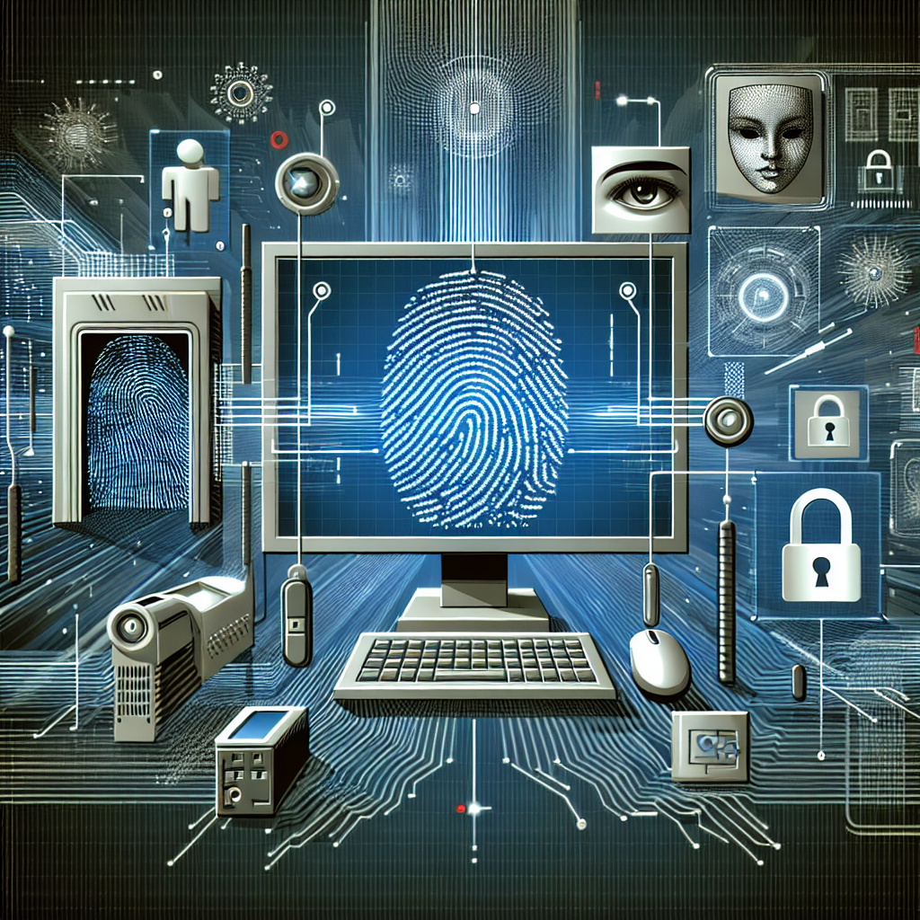 A futuristic digital environment showcasing biometric security technology, featuring a large computer screen with a fingerprint scanner, a retina scanner, and face recognition icons, surrounded by abstract data waves and locks representing secure data. The color scheme includes shades of blue and silver, conveying a high-tech and secure atmosphere.