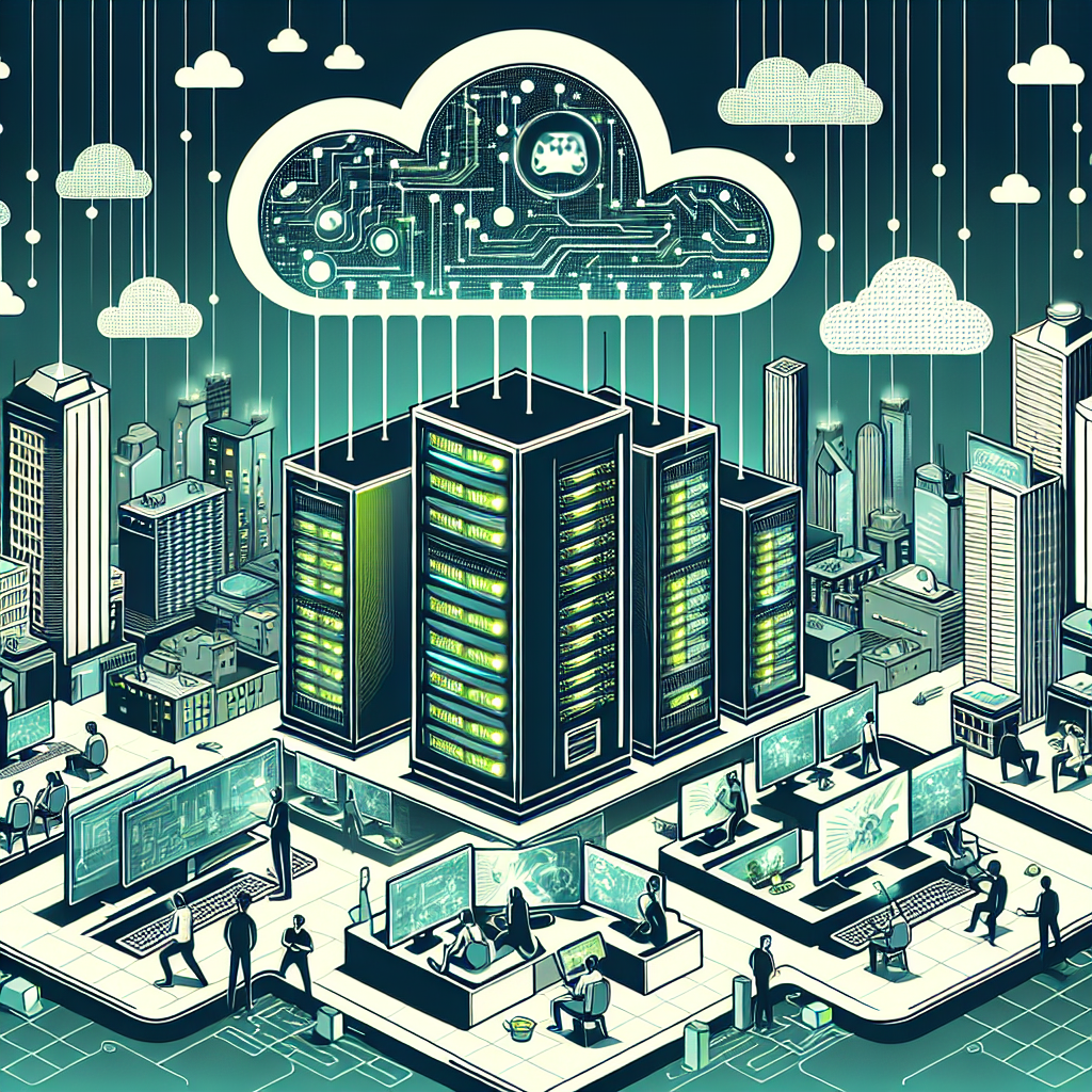 A futuristic scene depicting a vibrant and dynamic world of cloud gaming, with towering servers, glowing data streams, and players immersed in virtual reality experiences. The background features a city skyline with technology-themed architecture and digital clouds in the sky, symbolizing the integration of gaming and cloud technology.