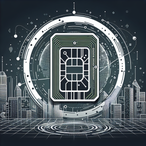 A futuristic scene of telecommunications featuring a digital representation of an eSIM card, surrounded by holographic technology elements, with a city skyline in the background symbolizing advanced connectivity and innovation in communication.