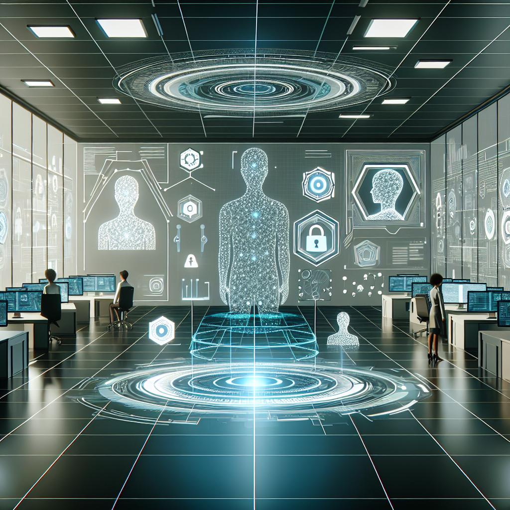 A futuristic design studio where AI algorithms work alongside human designers, with holographic interfaces and digital blueprints in the background, showcasing data protection icons like shields and locks integrated into the design process.