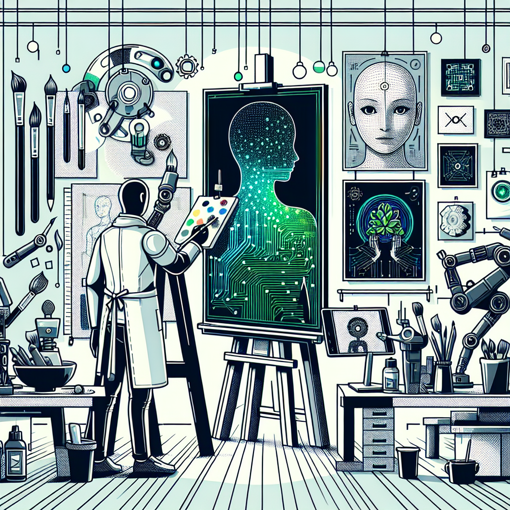 "An illustration depicting the advantages and disadvantages of using AI for art creation, showing a futuristic artist collaborating with a robot in a studio setting, where AI technology is used to create vibrant digital artwork on one side, and traditional painting tools on the other side, highlighting both efficiency and creativity challenges."