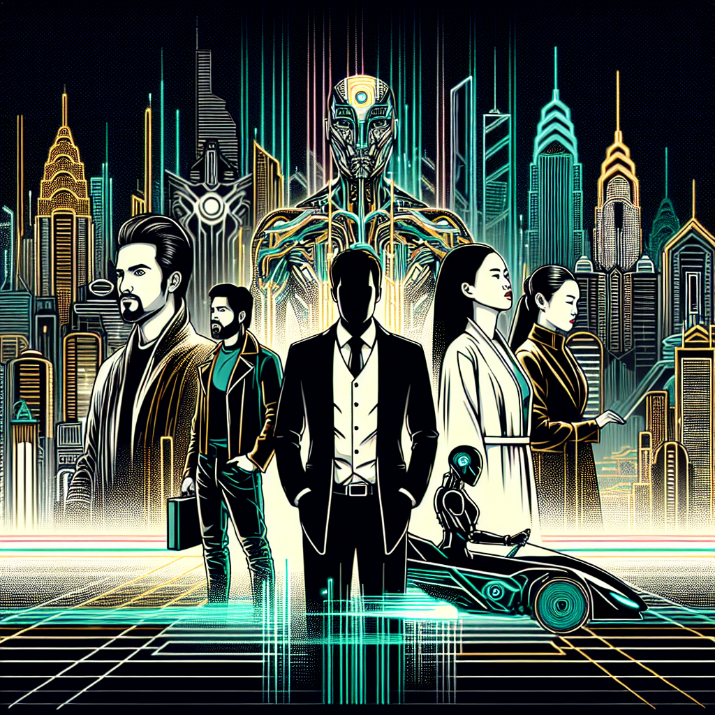 A futuristic movie poster featuring a city skyline at night with neon lights, showcasing a diverse group of characters with a sci-fi theme. The poster should have a dramatic and cinematic feel, incorporating elements like flying cars, tall skyscrapers, and an AI interface.