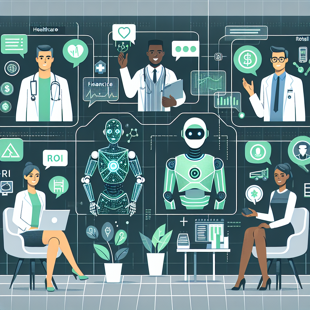 A futuristic scene showcasing AI chatbots seamlessly integrated into various industries, including healthcare, finance, retail, and education, with holographic interfaces and diverse professionals interacting with them in a modern, high-tech environment.
