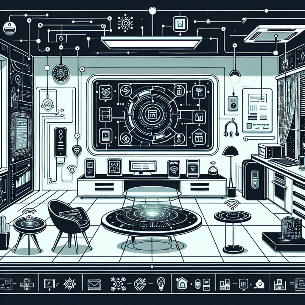 A futuristic smart home with interconnected devices demonstrating the concept of the Internet of Things (IoT). Include smart appliances, intelligent lighting, automated home security systems, and a central touchscreen control panel. The setting should be modern and high-tech, with smooth and sleek designs, showcasing how IoT enhances everyday living in a connected home environment.