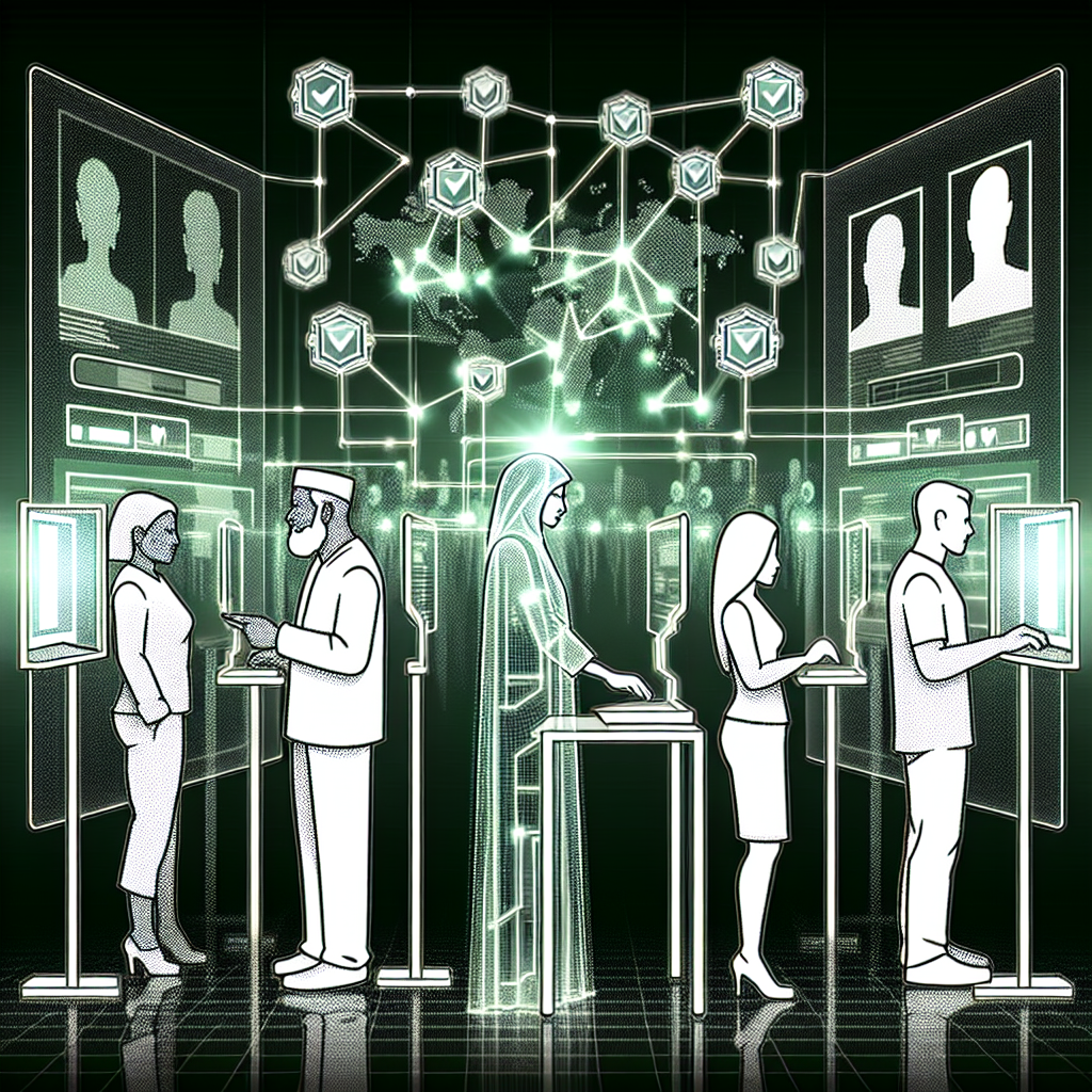 A futuristic digital voting system interface with transparent blockchain elements, featuring voters interacting with digital screens, secure and encrypted data streams, and a glowing network of interconnected nodes symbolizing blockchain technology.