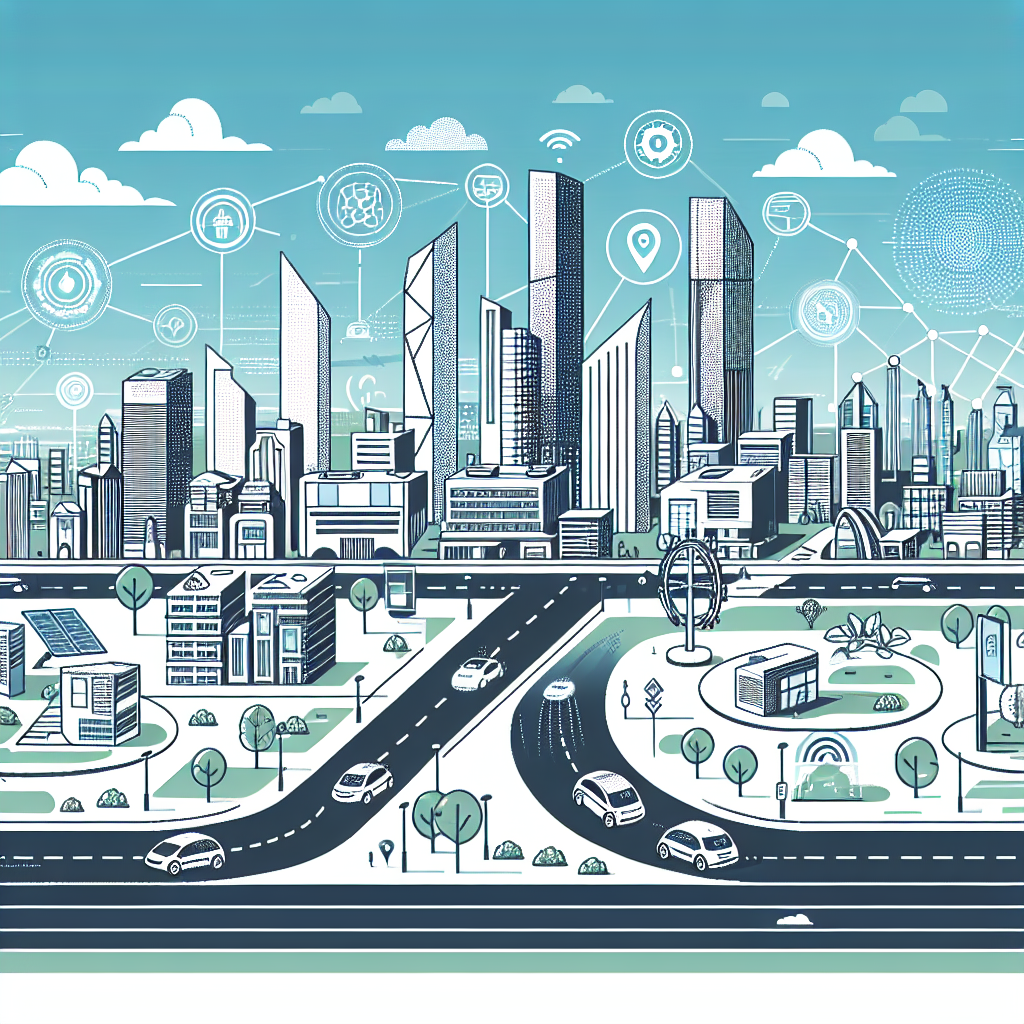 A futuristic cityscape with advanced technology, showcasing smart infrastructure and sustainable architecture, featuring green spaces, autonomous vehicles, intelligent traffic systems, and digital interfaces, all under a bright blue sky with a modern skyline in the background.