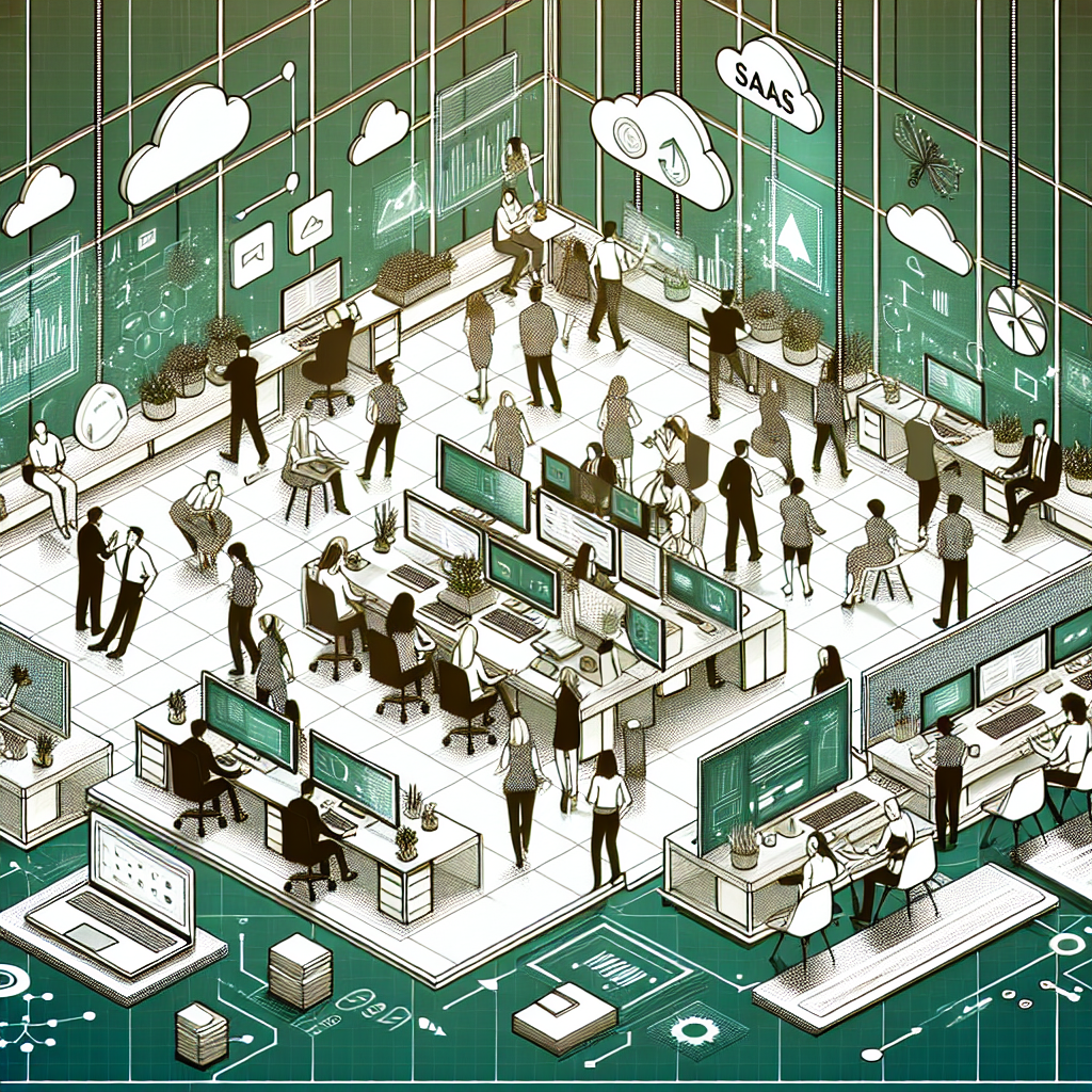 A modern and vibrant illustration of a start-up office environment focused on SaaS development. The office is bustling with diverse teams collaborating on laptops and tablets, planning on digital whiteboards, and discussing innovative software solutions. The atmosphere is dynamic and tech-driven, with elements like cloud computing symbols, digital graphs, and futuristic interfaces subtly integrated into the scene. The setting showcases a mix of creativity and technology in a contemporary workspace.