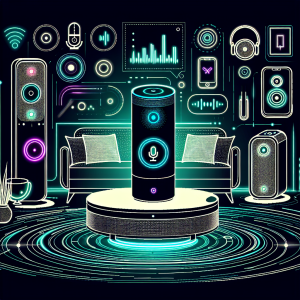 A futuristic digital interface showcasing a sleek voice assistant device amidst various modern gadgets, all with glowing voice command icons and waveforms, set in a tech-inspired, vibrant living room environment.