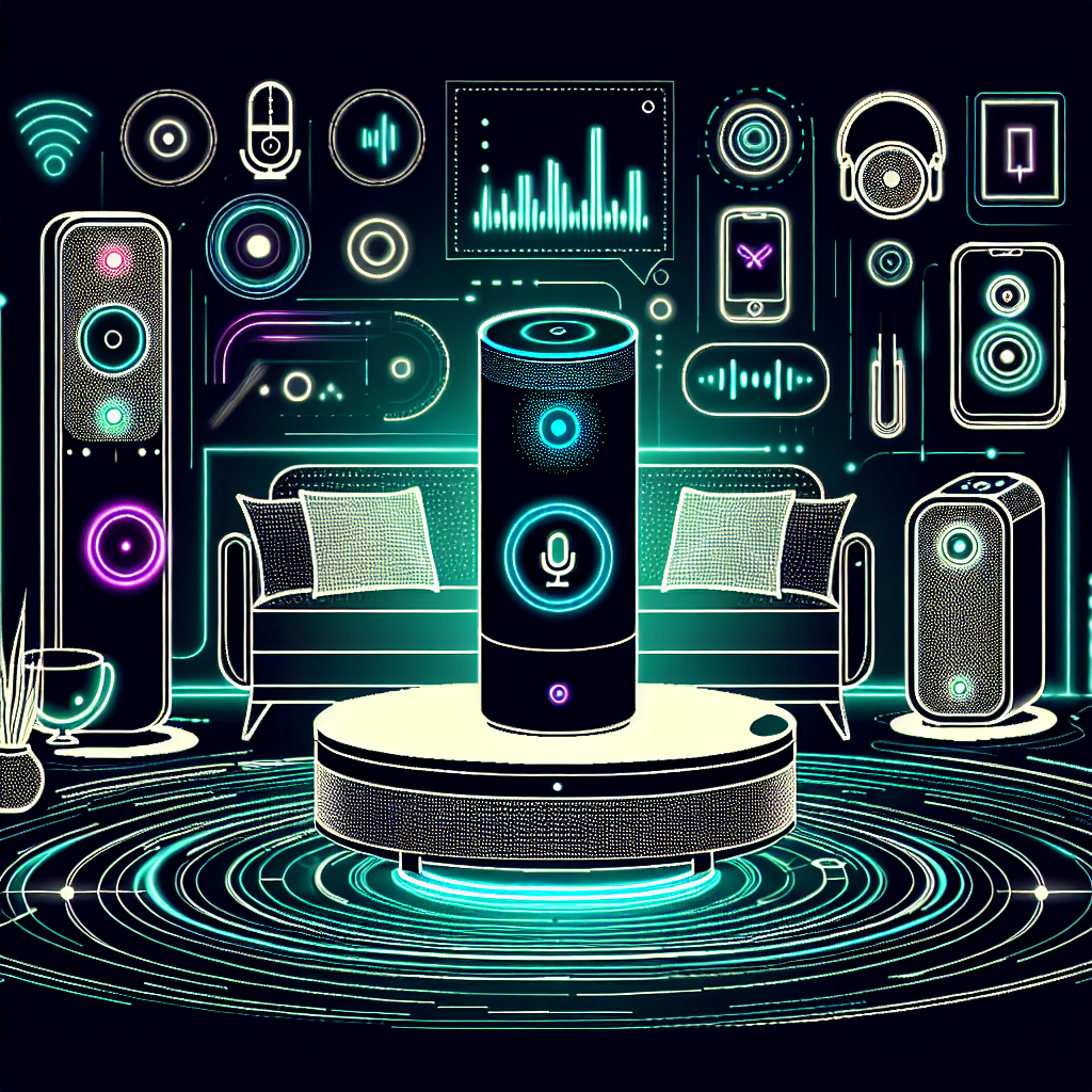 A futuristic digital interface showcasing a sleek voice assistant device amidst various modern gadgets, all with glowing voice command icons and waveforms, set in a tech-inspired, vibrant living room environment.