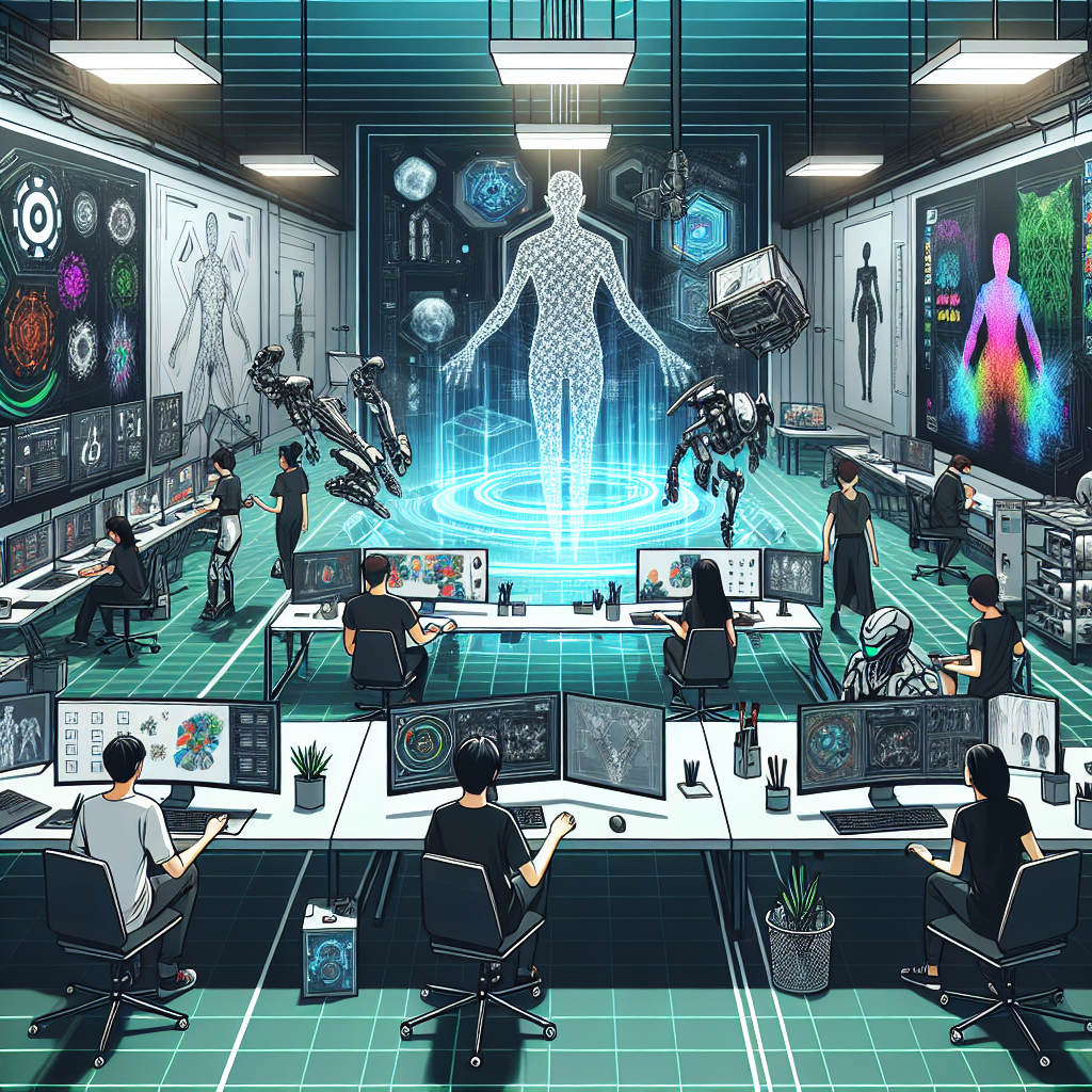 A futuristic gaming design studio where a diverse team of designers and AI are collaboratively working on creating vibrant and detailed graphic assets for a new video game. The room is filled with holographic displays showing intricate 3D models and concept art, highlighting the blend of technology and creativity in this modern workspace.