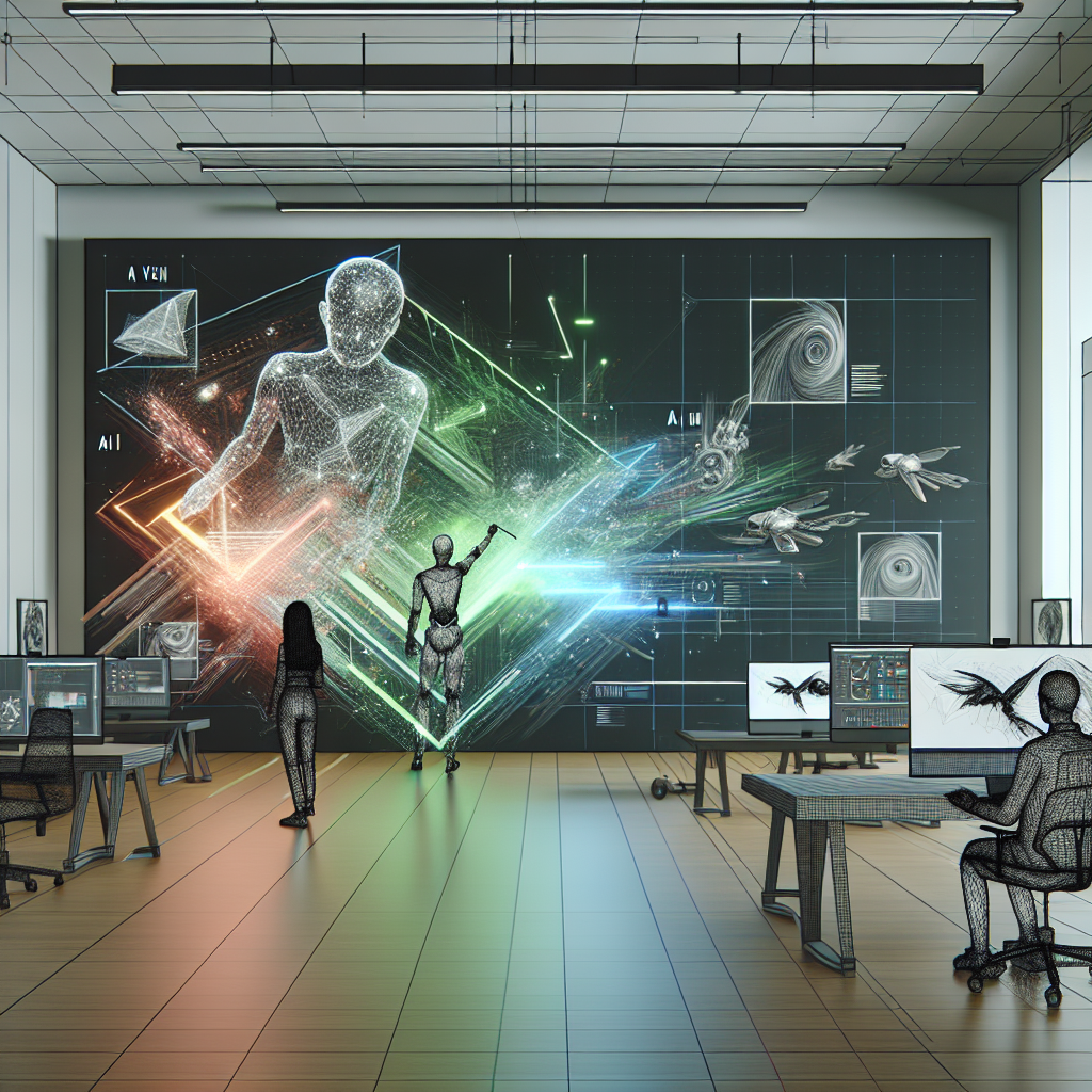 A futuristic motion graphics studio with AI-driven tools, showcasing dynamic digital art in vibrant colors. The scene includes artists collaborating with AI visual assistants and large screens displaying complex motion graphics, reflecting the latest trends and predictions in the industry.