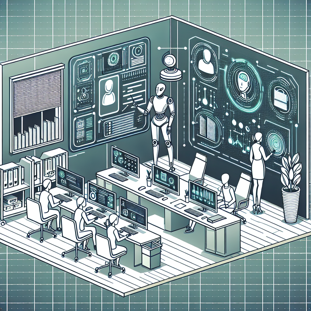 A modern office setting with a futuristic touch, showcasing AI-powered tools and technologies in action. Include elements like smart digital assistants, automated scheduling software on a computer screen, a robotic assistant organizing files, and a holographic display demonstrating AI data analysis.