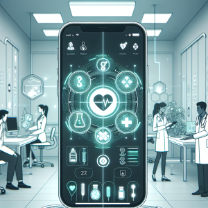 A futuristic scene depicting an advanced AI-powered healthcare application interface on a smartphone screen, surrounded by medical icons, holographic data displays, and a diverse group of doctors and patients interacting with the technology in a modern clinic setting.