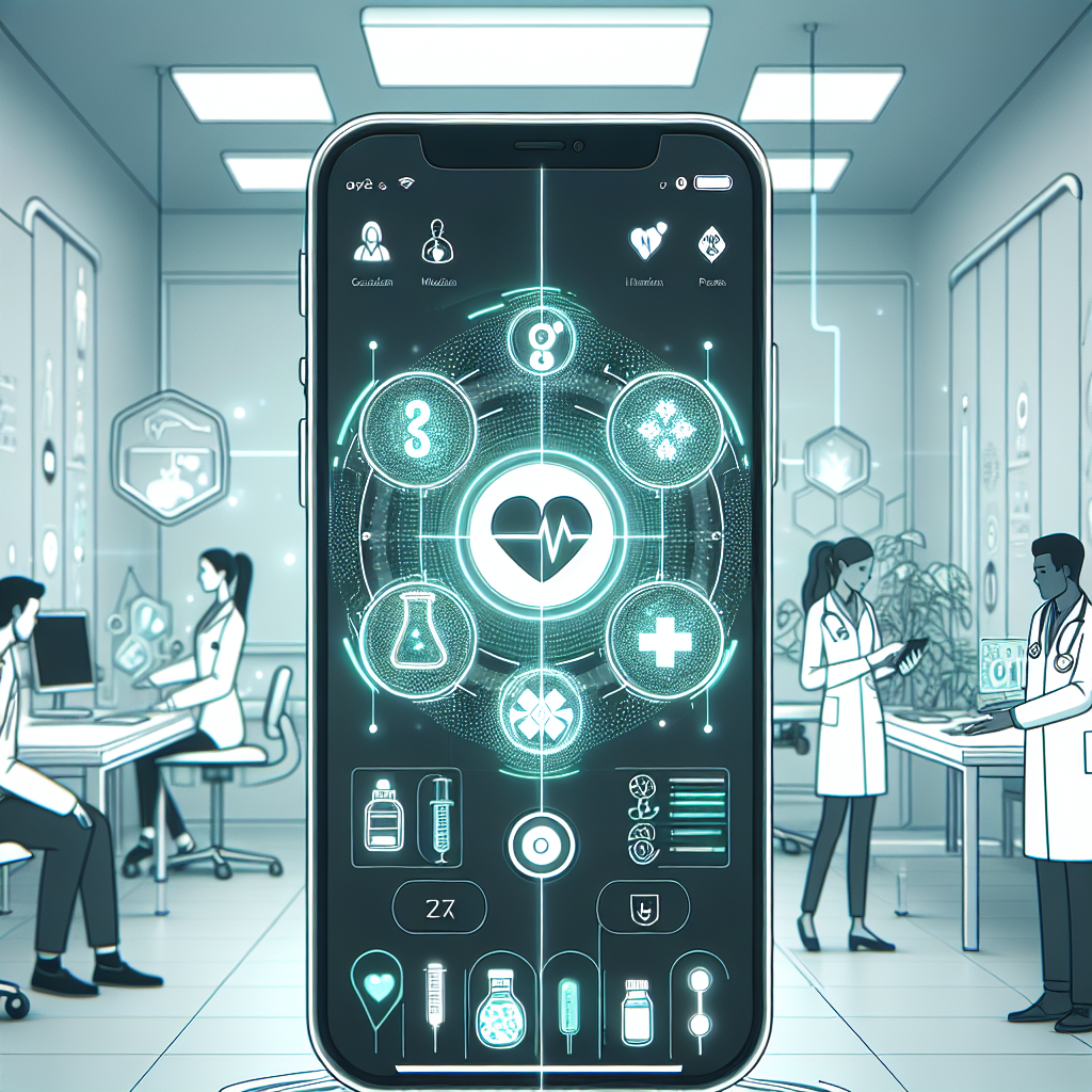 A futuristic scene depicting an advanced AI-powered healthcare application interface on a smartphone screen, surrounded by medical icons, holographic data displays, and a diverse group of doctors and patients interacting with the technology in a modern clinic setting.