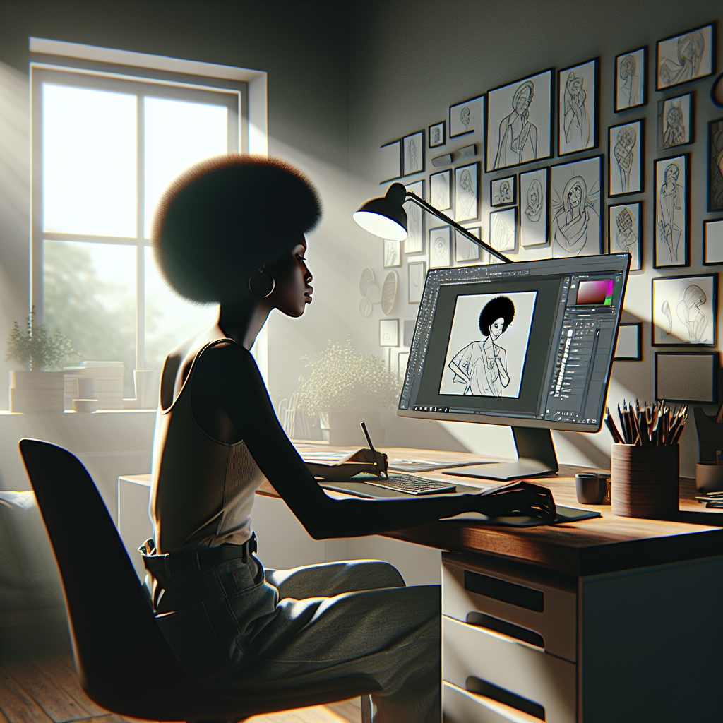 A person sitting at a desk, surrounded by various digital illustrations and sketches, with a computer displaying AI illustration software. The setting is a cozy, well-lit room with a window showing a bright day outside. The person appears focused and engaged, embodying the idea of self-taught learning in digital art and AI illustration.