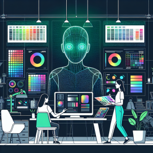 An illustration of a futuristic design studio where an AI assistant is helping a designer interpret color trends. The studio is filled with digital screens displaying vibrant color palettes and trend charts. The AI appears as a holographic figure, discussing with the designer who is examining color swatches. The setting is modern and sleek, with an emphasis on technology and creativity.