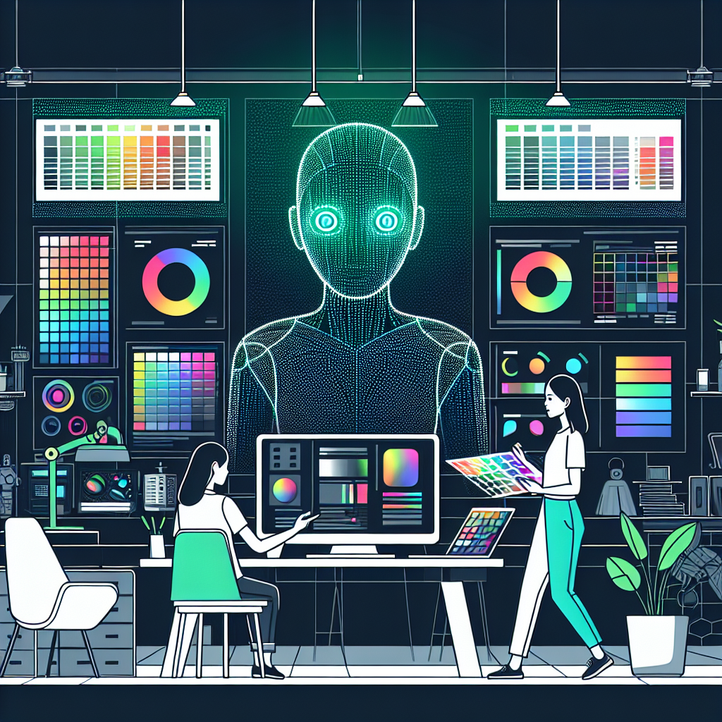 An illustration of a futuristic design studio where an AI assistant is helping a designer interpret color trends. The studio is filled with digital screens displaying vibrant color palettes and trend charts. The AI appears as a holographic figure, discussing with the designer who is examining color swatches. The setting is modern and sleek, with an emphasis on technology and creativity.