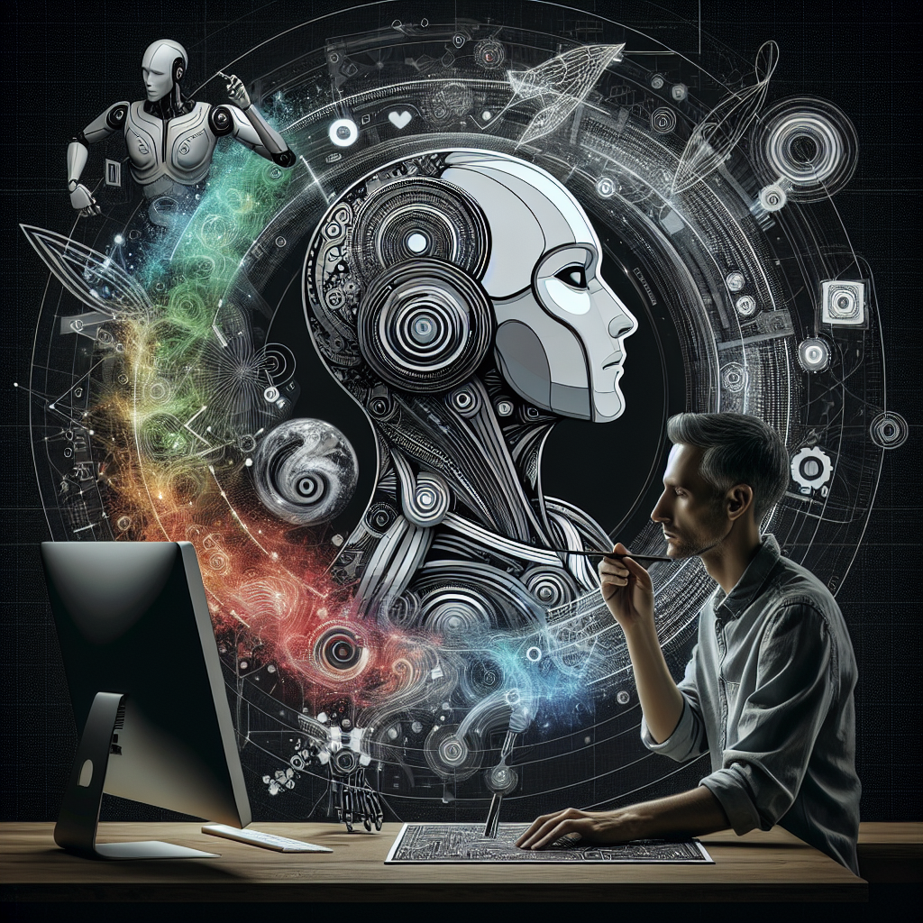 A futuristic scene showing artificial intelligence represented as a humanoid robot designing a logo on a digital canvas. The robot is surrounded by holographic screens displaying various design elements and color palettes. In the background, a traditional human designer is observing, contemplating the blend of technology and creativity in graphic design. The atmosphere is a blend of innovation, technology, and creativity.