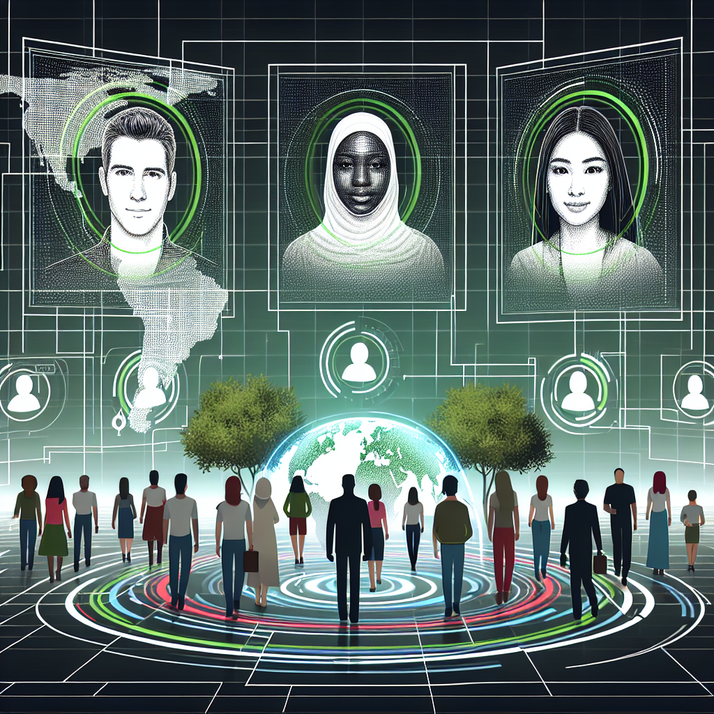 A futuristic digital landscape showcasing diverse individuals interacting with holographic identity verification screens, with a global network map in the background, representing the concept of online digital identity verification technology.