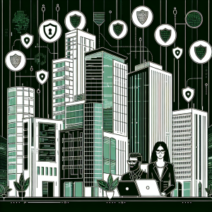 "A futuristic cityscape with a digital overlay, representing cybersecurity in the digital age. The image includes elements like digital shields, binary code, a diverse group of cybersecurity professionals working on computers, and high-tech buildings with neon accents, symbolizing technological advancement and protection."
