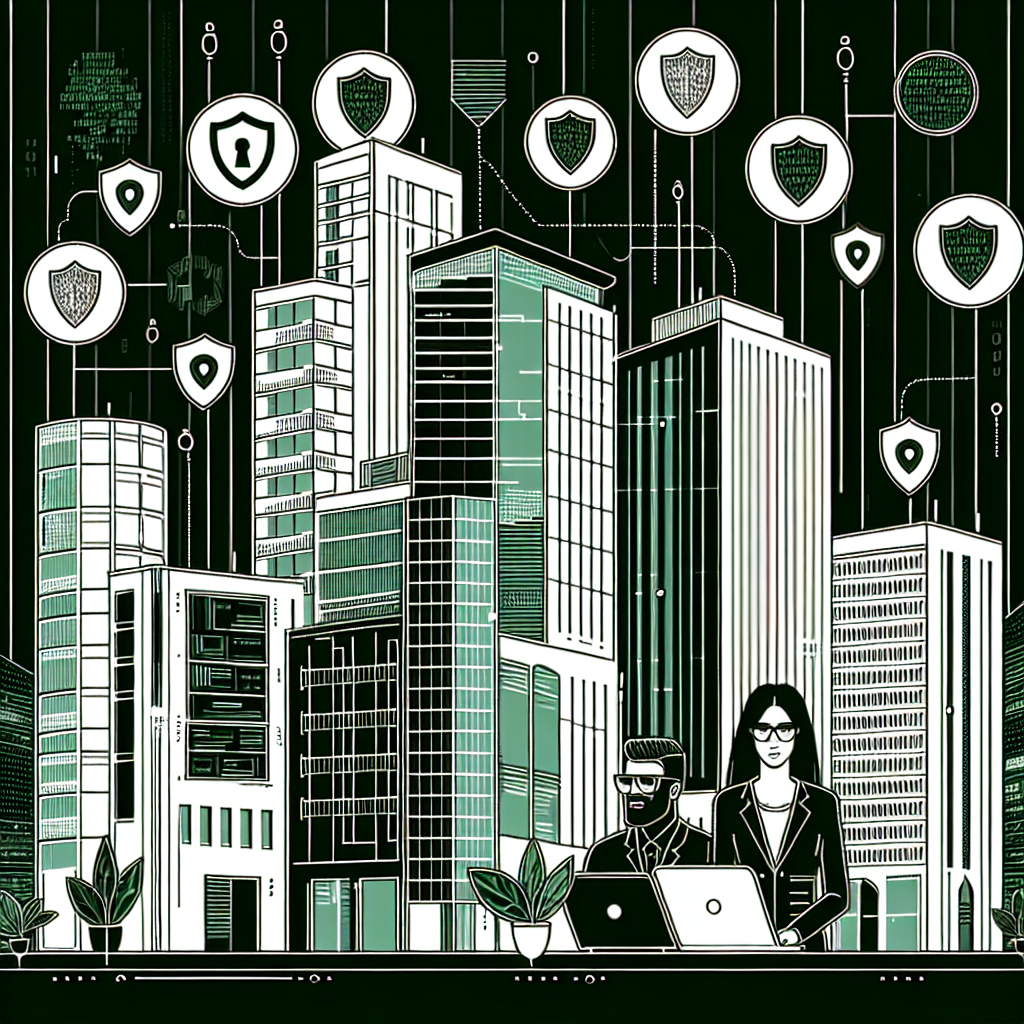 "A futuristic cityscape with a digital overlay, representing cybersecurity in the digital age. The image includes elements like digital shields, binary code, a diverse group of cybersecurity professionals working on computers, and high-tech buildings with neon accents, symbolizing technological advancement and protection."