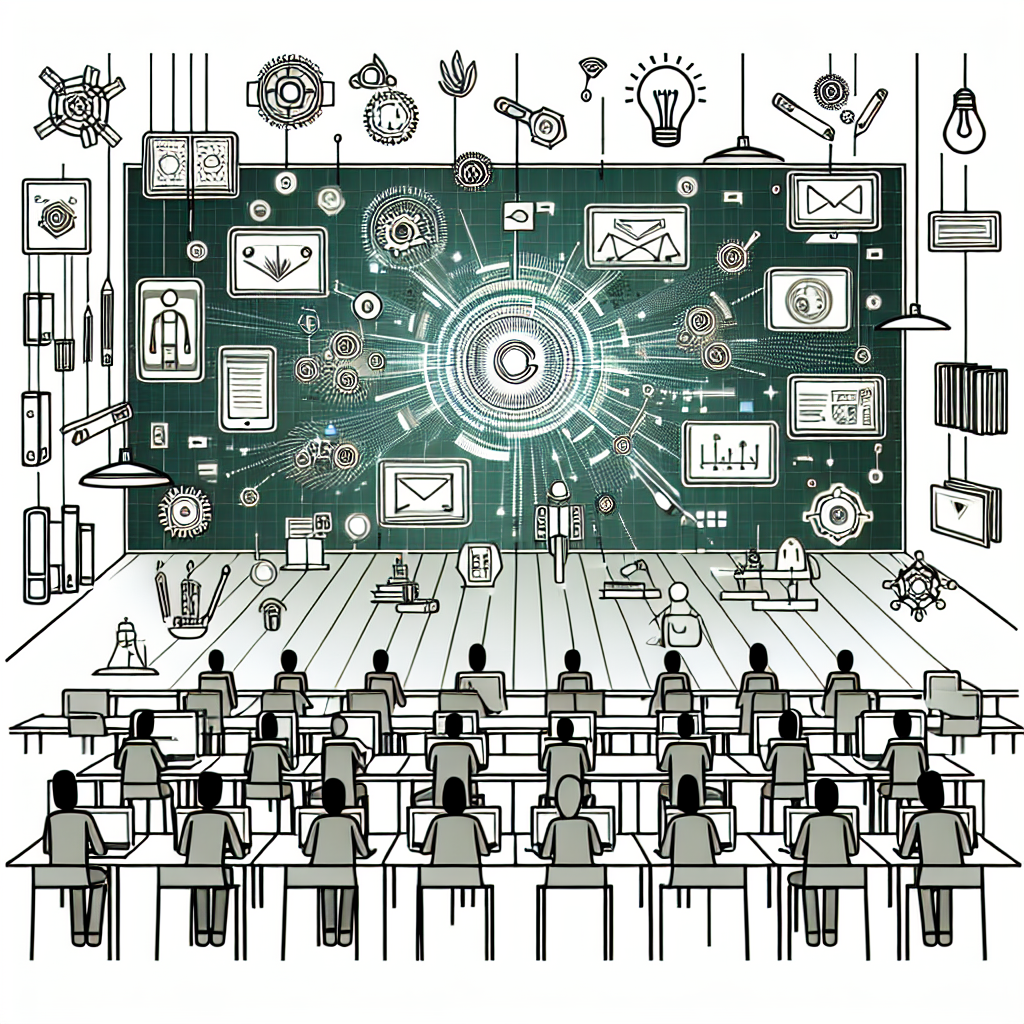 "Create an image of a futuristic classroom where students are using advanced AI tools to design visually engaging and interactive e-learning content, featuring vibrant graphics, holographic displays, and students collaborating in a high-tech environment."