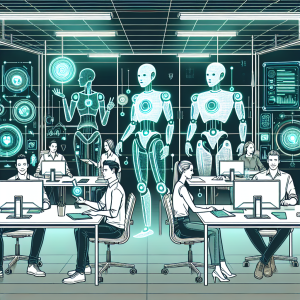 Title: "Transforming AI into a Collaborative Partner, Not a Competitor" Prompt: "A futuristic office where humans and AI are working together harmoniously. The setting is a blend of human creativity and AI technology, with people and AI entities collaboratively brainstorming ideas on digital screens and holographic displays. The atmosphere is positive and cooperative, symbolizing partnership and innovation. The design is sleek, modern, and full of cutting-edge technology."