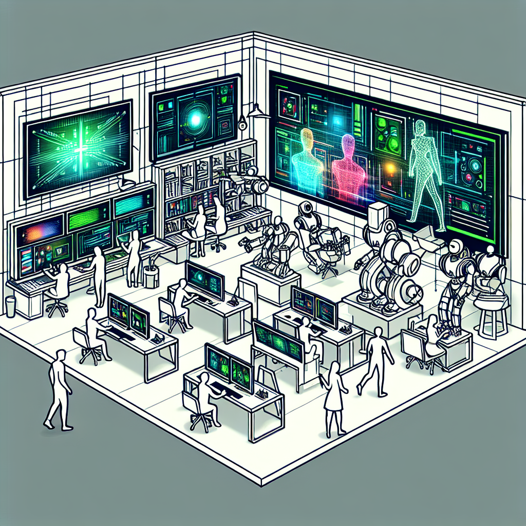 "Futuristic animation studio bustling with diverse AI-powered technology, creative professionals collaborating with intelligent machines, and vibrant designs on large screens, showcasing the dynamic fusion of animation and graphic design."