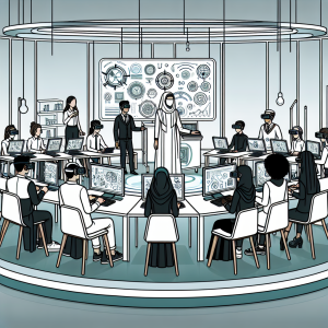 A futuristic classroom scene featuring diverse students using innovative educational technology, such as virtual reality headsets, interactive holograms, and digital tablets, with a teacher guiding them in a creative, collaborative learning environment.