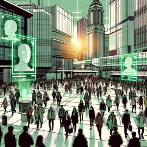 "A busy public square with diverse people passing by, featuring facial recognition technology scanning their faces, with digital overlays showing data analysis, in a futuristic urban setting."