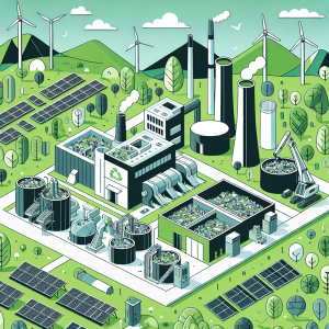 Eco-friendly Waste Processing Technology: A modern facility surrounded by green landscapes, showcasing advanced machinery that transforms waste into reusable materials, with solar panels and wind turbines in the background, emphasizing sustainability and innovation.