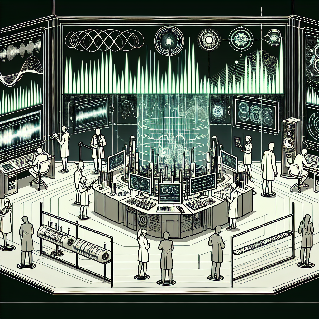 A futuristic laboratory showcasing advanced voice cloning technology with realistic synthetic voices. The scene includes hi-tech sound equipment, digital interfaces, and a variety of microphones. Engineers and scientists work together, surrounded by holographic screens displaying sound waves and voice modulation graphs. The atmosphere is sleek and modern, capturing the cutting-edge nature of this technological innovation.