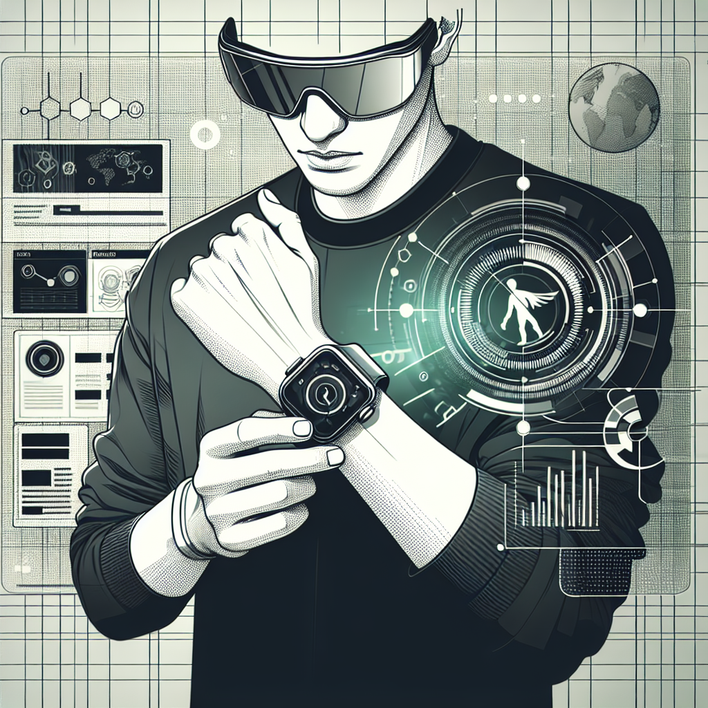 A futuristic scene showcasing a variety of wearable technology, including a sleek smartwatch on one wrist and high-tech smart glasses. The background features a modern, tech-inspired environment with digital interfaces and holograms. The overall atmosphere highlights innovation and the advancement of wearable technology.