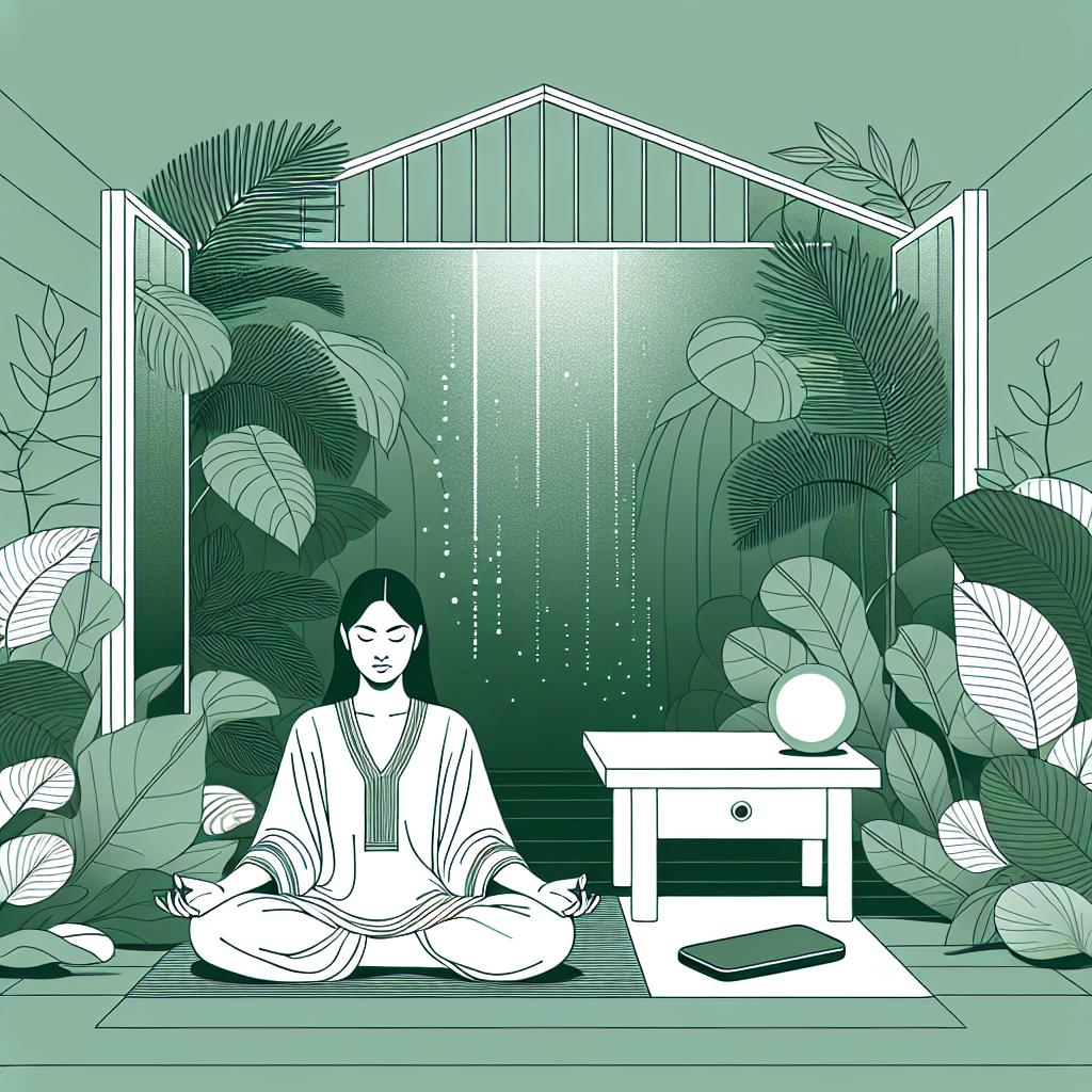 A serene scene with a person sitting in a minimalistic, cozy room, surrounded by natural elements like plants and soft light. They are meditating with a phone placed face down next to them, symbolizing disconnection from gadgets. The atmosphere should convey calmness and relaxation, embracing a digital detox and wellness theme.