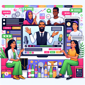 A vibrant and colorful illustration of a diverse group of people enthusiastically participating in live streaming online shopping. They are watching a charismatic host demonstrate products, surrounded by a dynamic digital interface with chat boxes, product listings, and instant purchase options. The scene is lively and tech-savvy, capturing the excitement and interactivity of modern online shopping trends.