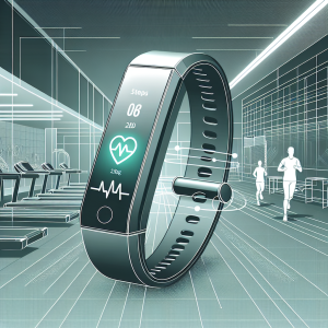 A futuristic wearable fitness tracker with a sleek, minimalist design, featuring a digital display showing heart rate and steps counted. The tracker is in motion, illustrating various activities such as running and cycling, set against a modern gym background.