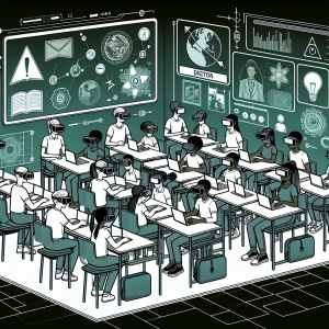 A classroom setting with students wearing virtual reality headsets, each engaged in interactive educational activities. The room is filled with colorful digital projections representing various subjects like science, history, and art. The atmosphere is futuristic and immersive, showcasing diverse students actively participating in a virtual learning environment.