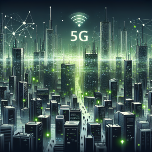 "Futuristic cityscape with glowing 5G digital networks, high-speed internet symbols, and people using modern technology devices, vibrant colors, and dynamic motion blur to represent the speed and connectivity of 5G technology."