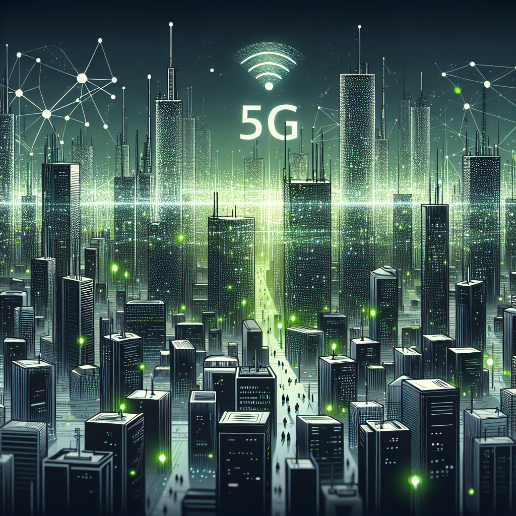 "Futuristic cityscape with glowing 5G digital networks, high-speed internet symbols, and people using modern technology devices, vibrant colors, and dynamic motion blur to represent the speed and connectivity of 5G technology."
