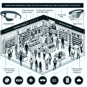 A futuristic retail store interior with augmented reality (AR) features, where customers using AR glasses or mobile devices interact with virtual product displays, personalized offers, and digital signage. The store should be modern, with a diverse group of people engaging with the AR technology in a vibrant and innovative retail environment.